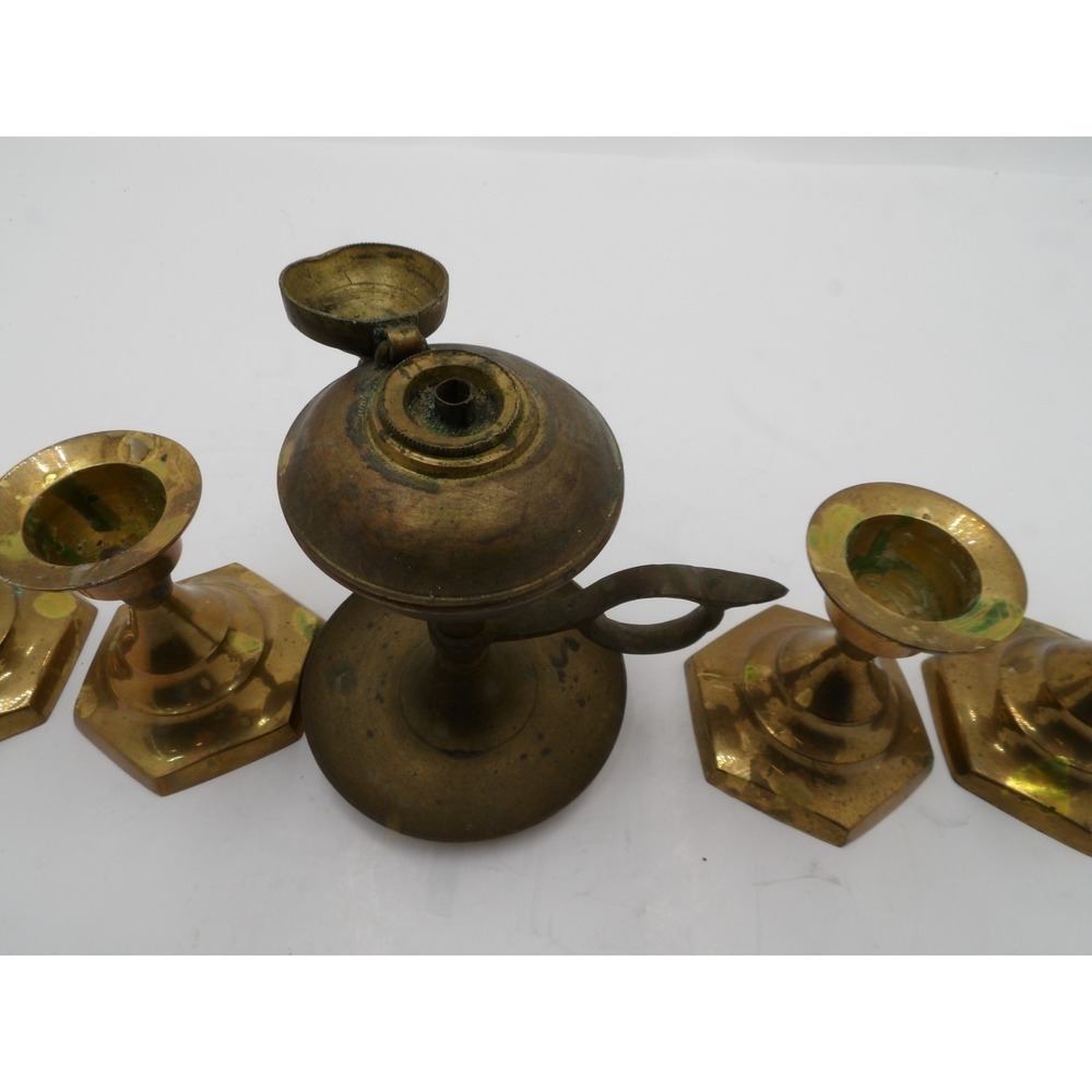 5 Small Brass Candle Holders and Brass Whale Oil Lamp - Picture 5 of 7